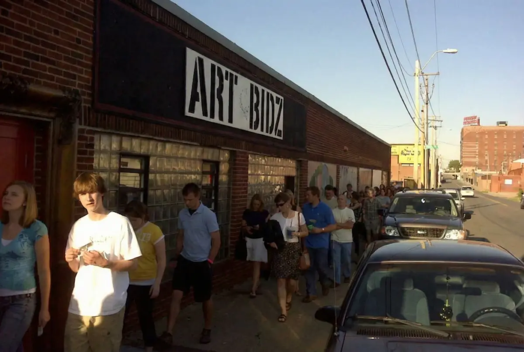 Crowd gathered outside Art Bidz gallery for Christian Valverde exhibition in Kansas City, 2009