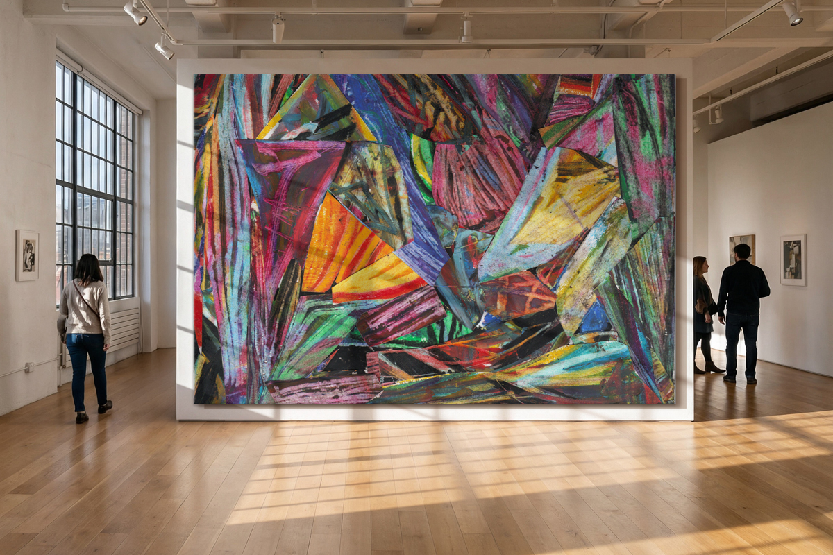 The Luci Collection abstract painting displayed in modern gallery setting, large-scale artwork by Kansas City artist Christian Valverde