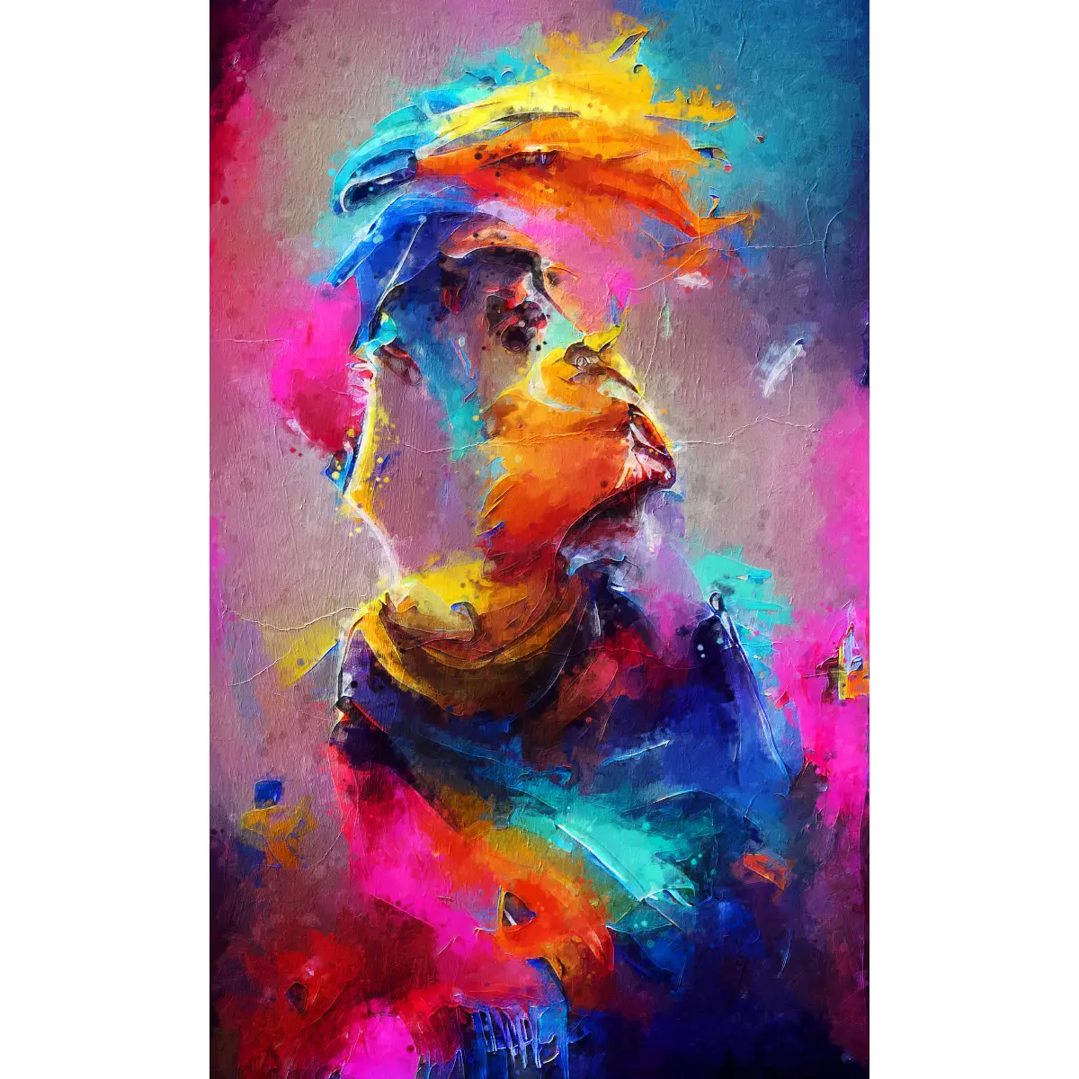 "The Masculine" - vibrant abstract figurative painting of a bearded man with head tilted upward, rendered in bold oranges, yellows, and electric blues, part of The Dogma Collection by Kansas City artist Christian Valverde